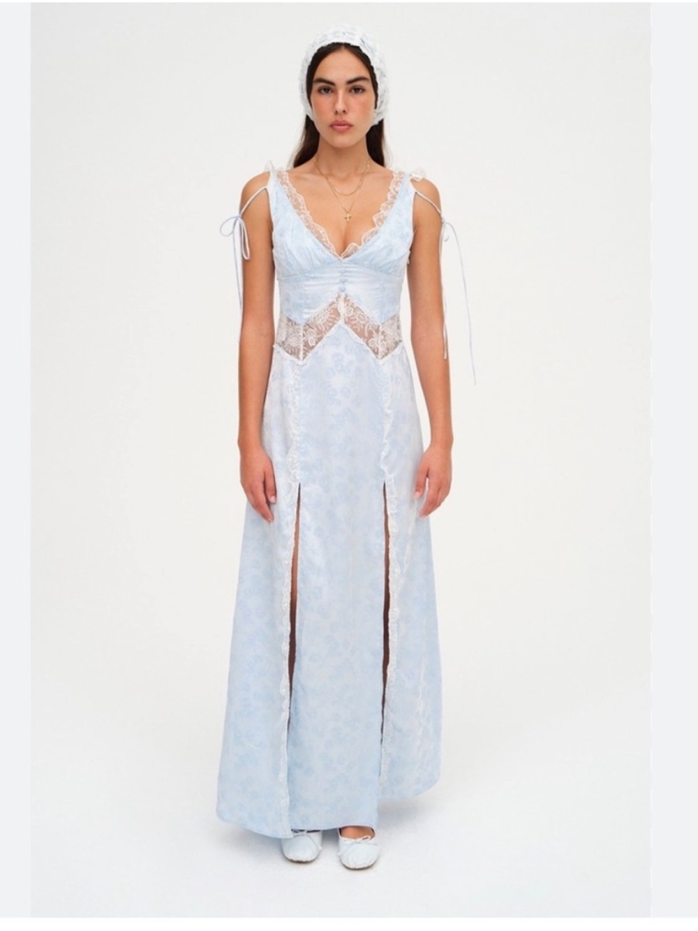 For Love And Lemons Pale Blue Lace-Trim Maxi Dress